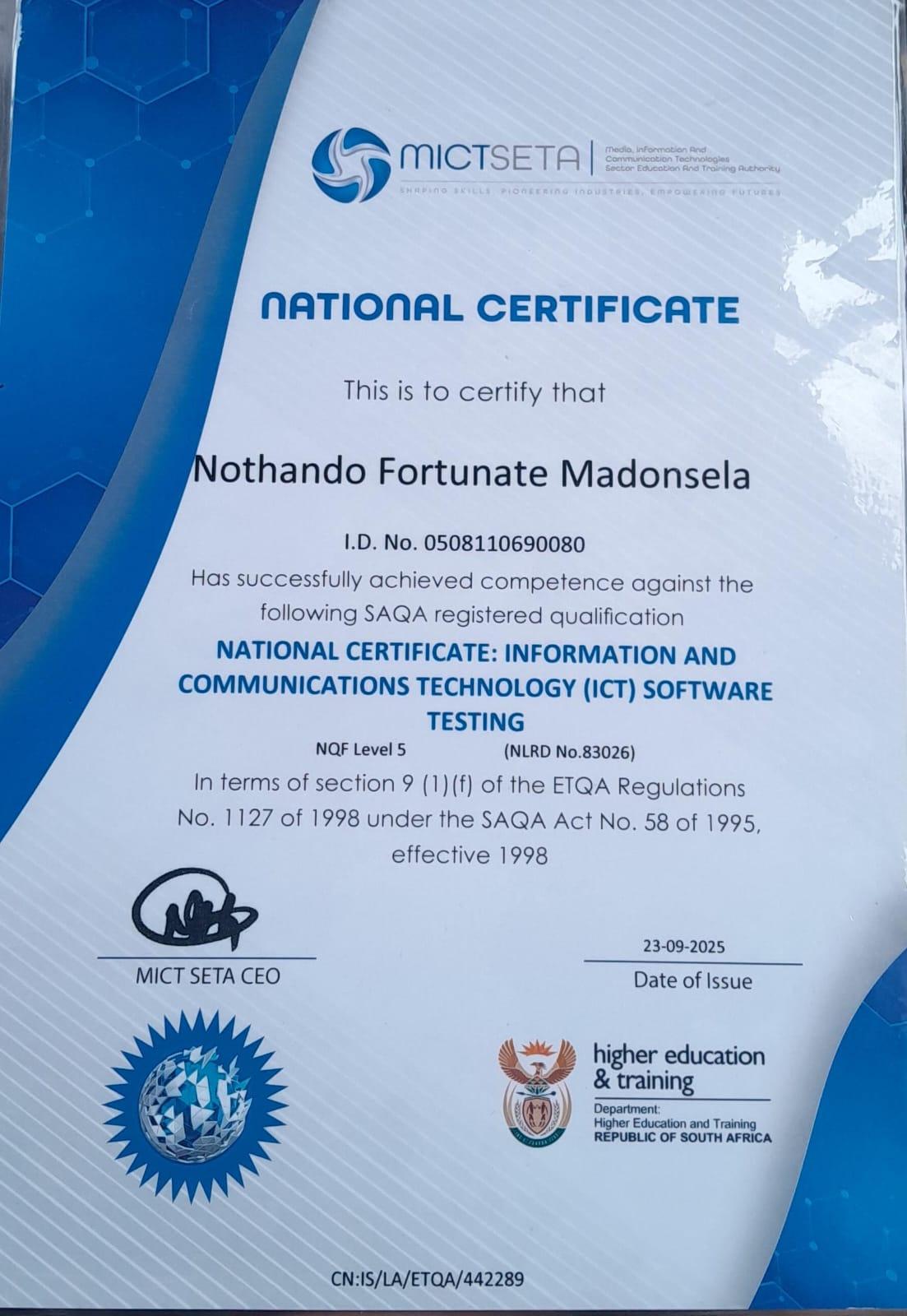NQF5 MICTSETA Certificate